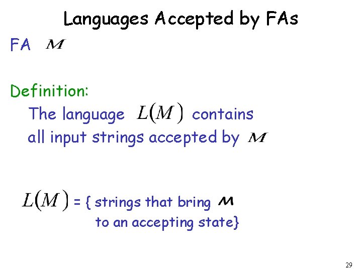 Languages Accepted by FAs FA Definition: The language contains all input strings accepted by