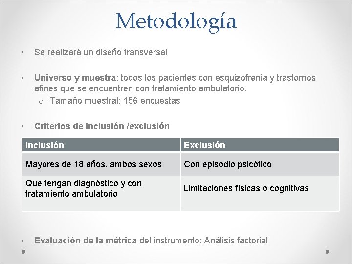 Metodología • Se realizará un diseño transversal • Universo y muestra: todos los pacientes