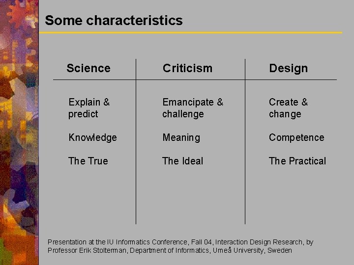Some characteristics Science Criticism Design Explain & predict Emancipate & challenge Create & change