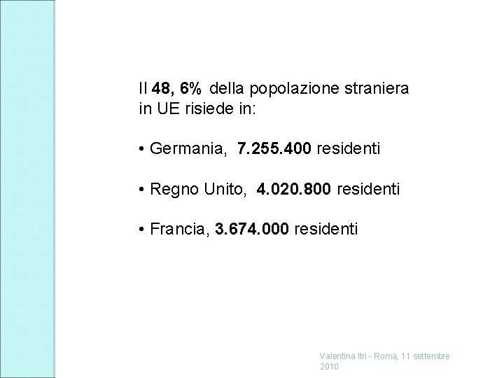 Il 48, 6% della popolazione straniera in UE risiede in: • Germania, 7. 255.