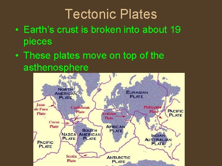 Tectonic Plates • Earth’s crust is broken into about 19 pieces • These plates