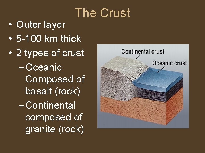 The Crust • Outer layer • 5 -100 km thick • 2 types of