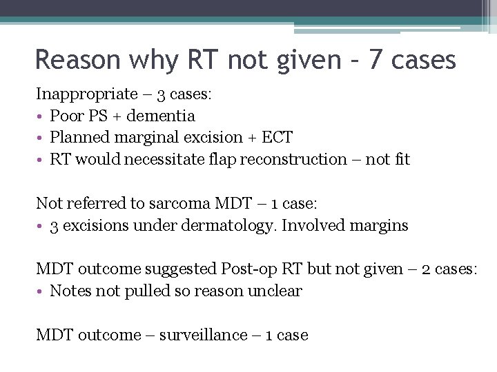 Reason why RT not given – 7 cases Inappropriate – 3 cases: • Poor