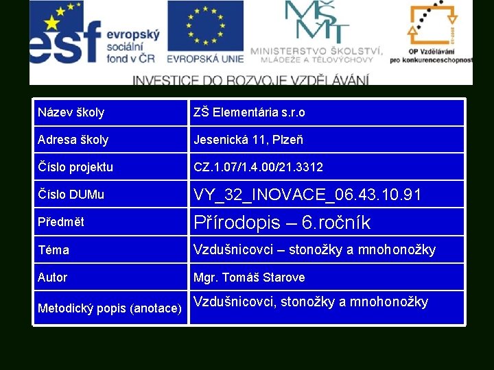 Název školy ZŠ Elementária s. r. o Adresa školy Jesenická 11, Plzeň Číslo projektu