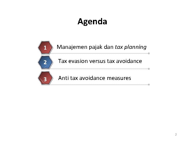 Agenda 1 Manajemen pajak dan tax planning 2 Tax evasion versus tax avoidance 3