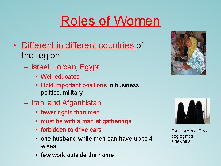 Roles of Women • Different in different countries of the region – Israel, Jordan,