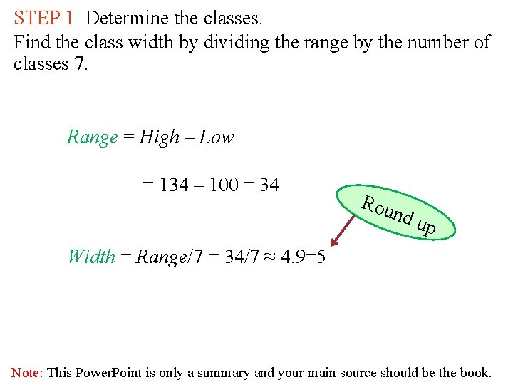 STEP 1 Determine the classes. Find the class width by dividing the range by