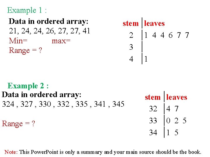 Example 1 : Data in ordered array: 21, 24, 26, 27, 41 Min= max=