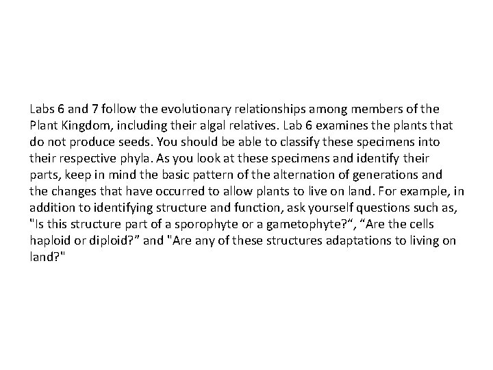 Labs 6 and 7 follow the evolutionary relationships among members of the Plant Kingdom,