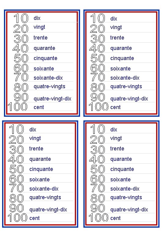 dix dix vingt trente quarante cinquante soixante soixante-dix quatre-vingts quatre-vingt-dix cent 