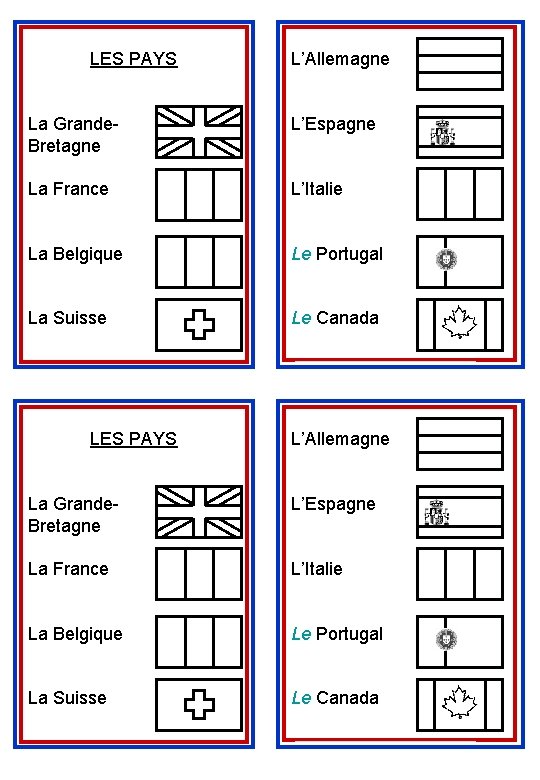 LES PAYS L’Allemagne La Grande. Bretagne L’Espagne La France L’Italie La Belgique Le Portugal