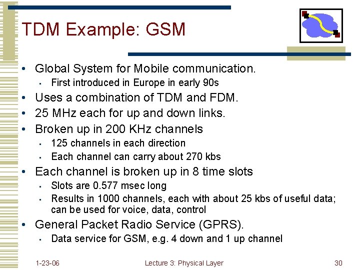 TDM Example: GSM • Global System for Mobile communication. • First introduced in Europe