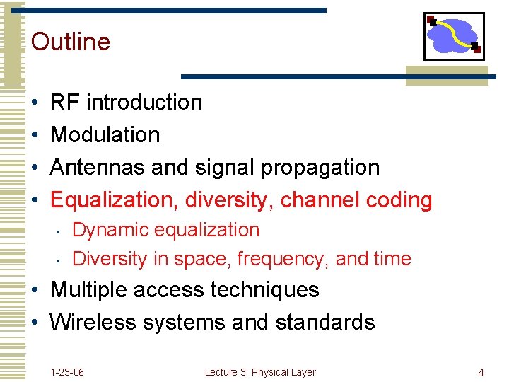 Outline • • RF introduction Modulation Antennas and signal propagation Equalization, diversity, channel coding