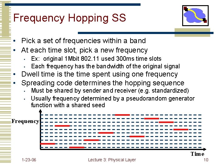 Frequency Hopping SS • Pick a set of frequencies within a band • At