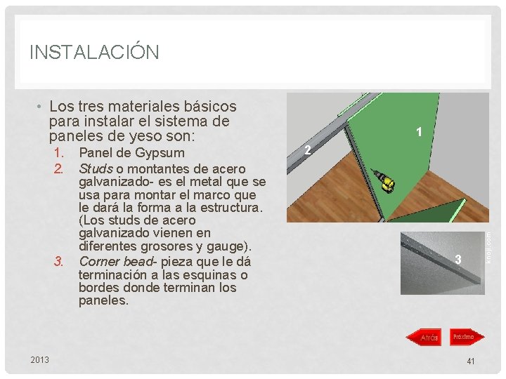 INSTALACIÓN 1. 2. 3. 2013 Panel de Gypsum Studs o montantes de acero galvanizado-