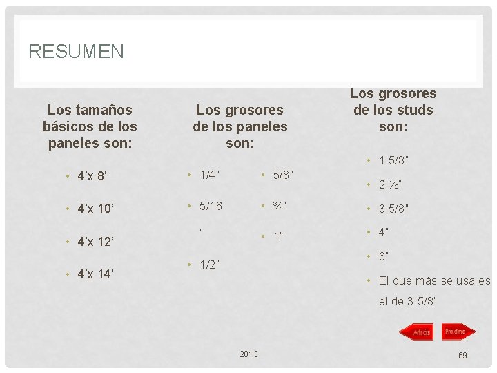 RESUMEN Los tamaños básicos de los paneles son: Los grosores de los studs son: