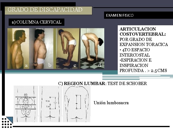 GRADO DE DISCAPACIDAD EXAMEN FISICO a) COLUMNA CERVICAL ARTICULACION COSTOVERTEBRAL: POR GRADO DE EXPANSION