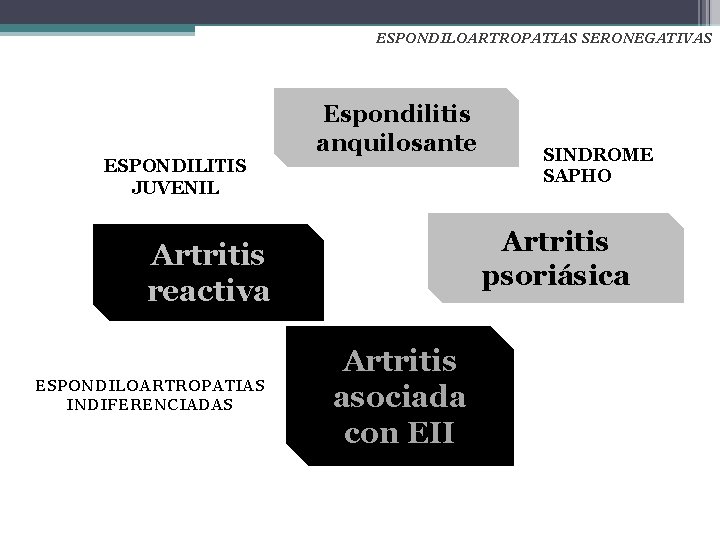 ESPONDILOARTROPATIAS SERONEGATIVAS ESPONDILITIS JUVENIL Espondilitis anquilosante Artritis psoriásica Artritis reactiva ESPONDILOARTROPATIAS INDIFERENCIADAS SINDROME SAPHO