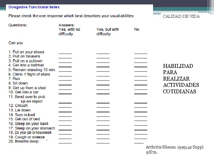 CALIDAD DE VIDA HABILIDAD PARA REALIZAR ACTIVIDADES COTIDIANAS Arthritis Rheum 1999; 42 Suppl 9: