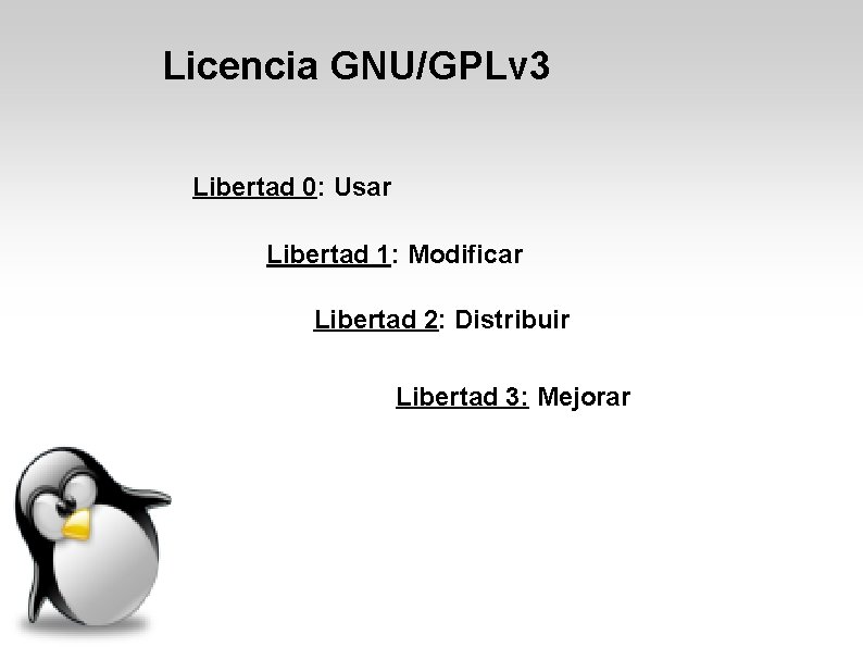 Licencia GNU/GPLv 3 Libertad 0: Usar Libertad 1: Modificar Libertad 2: Distribuir Libertad 3: Licencia GNU/GPLv 3 Libertad 0: Usar Libertad 1: Modificar Libertad 2: Distribuir Libertad 3: