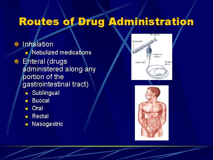 Routes of Drug Administration Inhalation l Nebulized medications Enteral (drugs administered along any portion