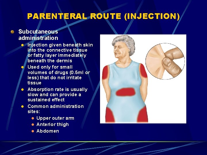 PARENTERAL ROUTE (INJECTION) Subcutaneous administration l l Injection given beneath skin into the connective