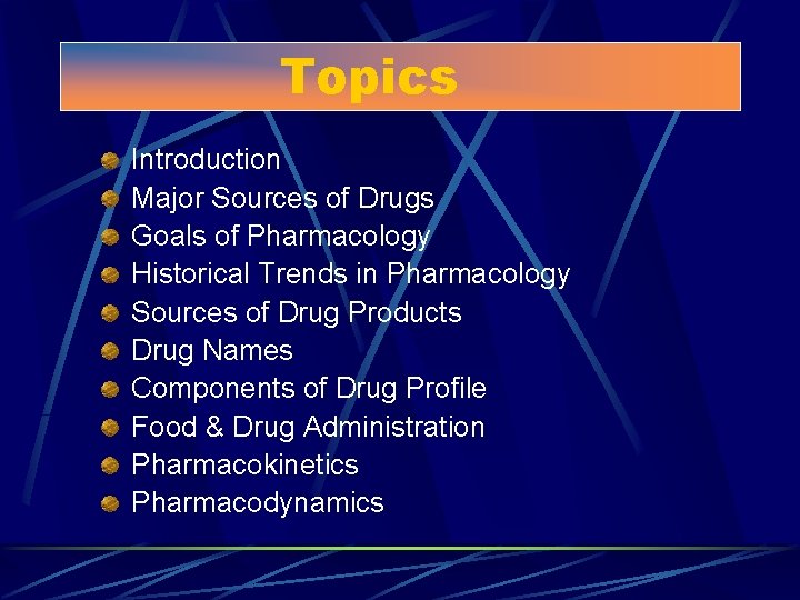 Topics Introduction Major Sources of Drugs Goals of Pharmacology Historical Trends in Pharmacology Sources