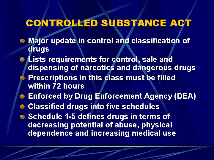 CONTROLLED SUBSTANCE ACT Major update in control and classification of drugs Lists requirements for