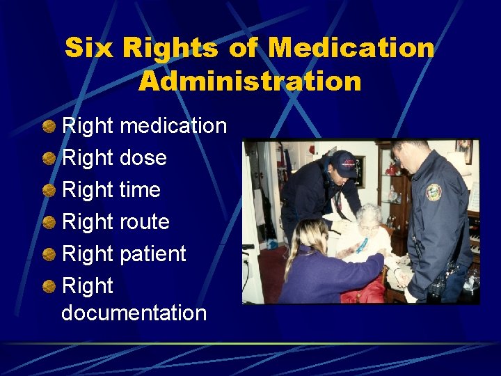 Six Rights of Medication Administration Right medication Right dose Right time Right route Right