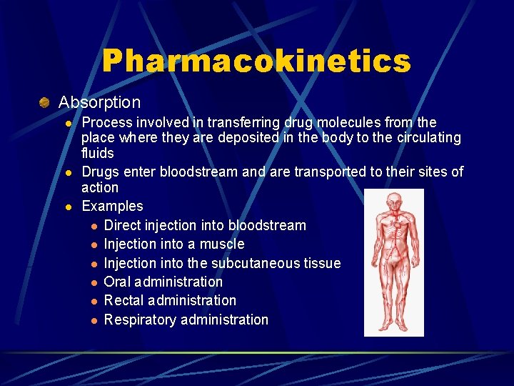 Pharmacokinetics Absorption l l l Process involved in transferring drug molecules from the place
