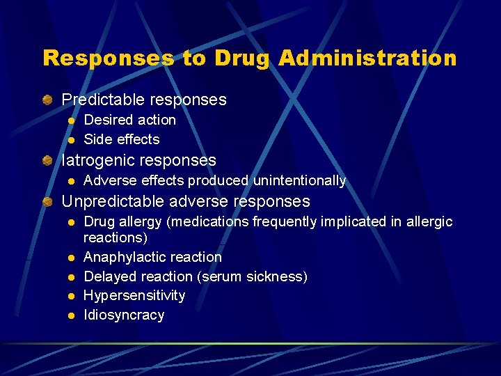 Responses to Drug Administration Predictable responses l l Desired action Side effects Iatrogenic responses