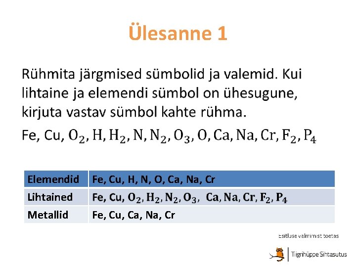 Ülesanne 1 • Elemendid Lihtained Metallid Fe, Cu, H, N, O, Ca, Na, Cr