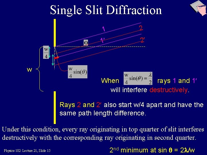 Single Slit Diffraction 1 2 1 2 w When rays 1 and 1 will
