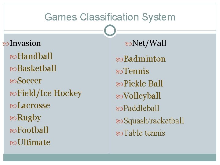 Games Classification System Invasion Handball Basketball Soccer Field/Ice Hockey Lacrosse Rugby Football Ultimate Net/Wall