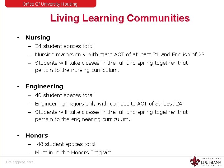 Office Of University Housing Living Learning Communities • Nursing – 24 student spaces total