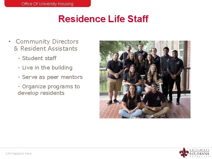 Office Of University Housing Residence Life Staff • Community Directors & Resident Assistants -