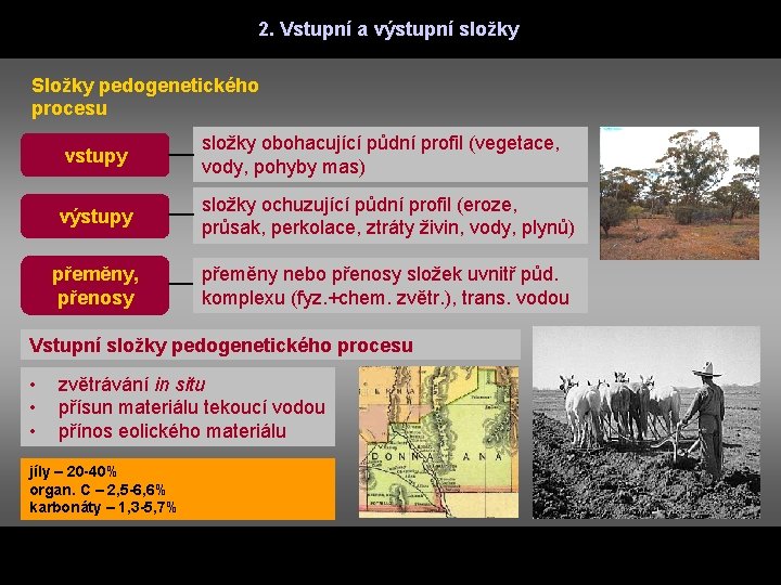 2. Vstupní a výstupní složky Složky pedogenetického procesu vstupy složky obohacující půdní profil (vegetace,