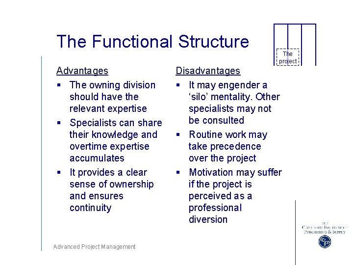 The Functional Structure Advantages § The owning division should have the relevant expertise §