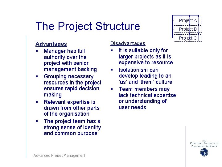 The Project Structure Project A Project B Project C Advantages § Manager has full