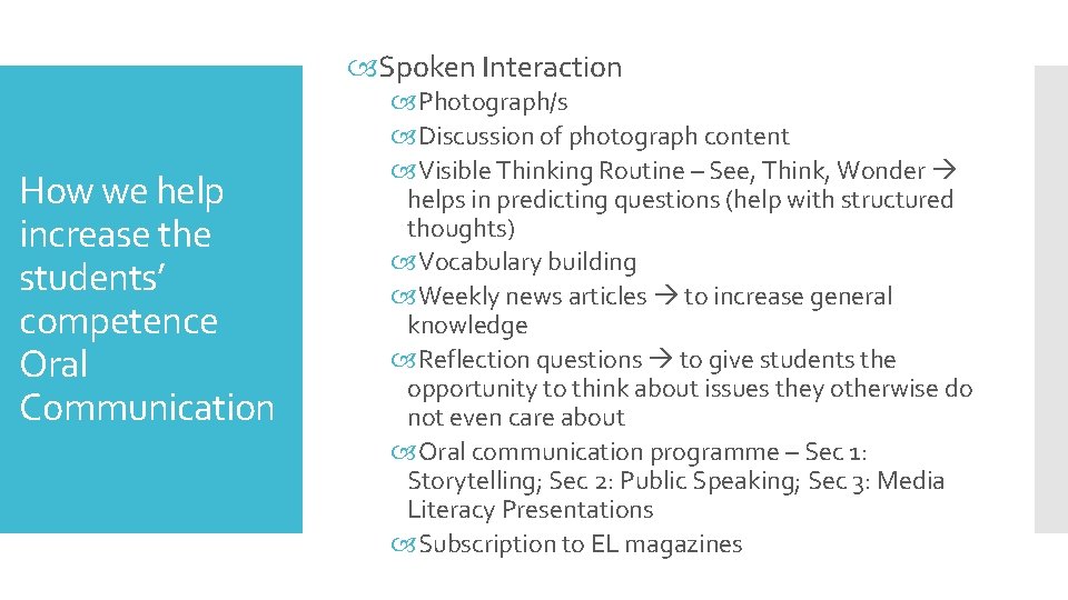  Spoken Interaction How we help increase the students’ competence Oral Communication Photograph/s Discussion