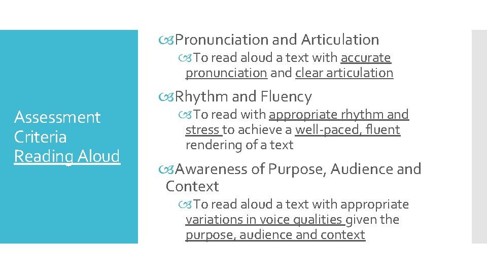  Pronunciation and Articulation To read aloud a text with accurate pronunciation and clear