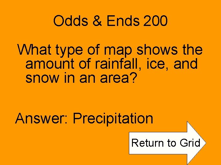 Odds & Ends 200 What type of map shows the amount of rainfall, ice,