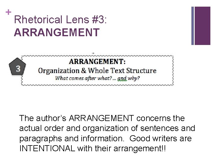 + Rhetorical Lens #3: ARRANGEMENT The author’s ARRANGEMENT concerns the actual order and organization