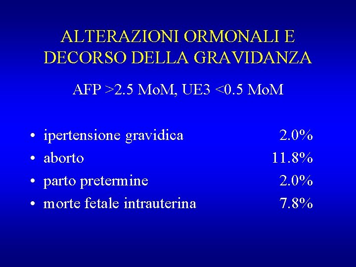 ALTERAZIONI ORMONALI E DECORSO DELLA GRAVIDANZA AFP >2. 5 Mo. M, UE 3 <0.