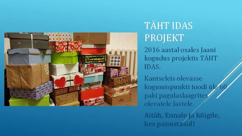 TÄHT IDAS PROJEKT 2016 aastal osales Jaani kogudus projektis TÄHT IDAS. Kantseleis olevasse kogumispunkti