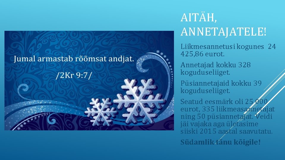 AITÄH, ANNETAJATELE! Liikmesannetusi kogunes 24 425, 86 eurot. Annetajad kokku 328 koguduseliiget. Püsiannetajaid kokku AITÄH, ANNETAJATELE! Liikmesannetusi kogunes 24 425, 86 eurot. Annetajad kokku 328 koguduseliiget. Püsiannetajaid kokku