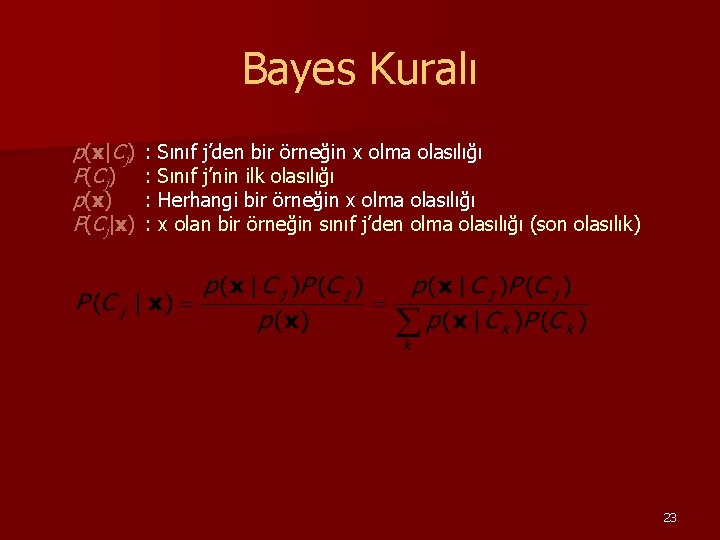 Bayes Kuralı p(x|Cj) P( C j ) p(x) P(Cj|x) : : Sınıf j’den bir