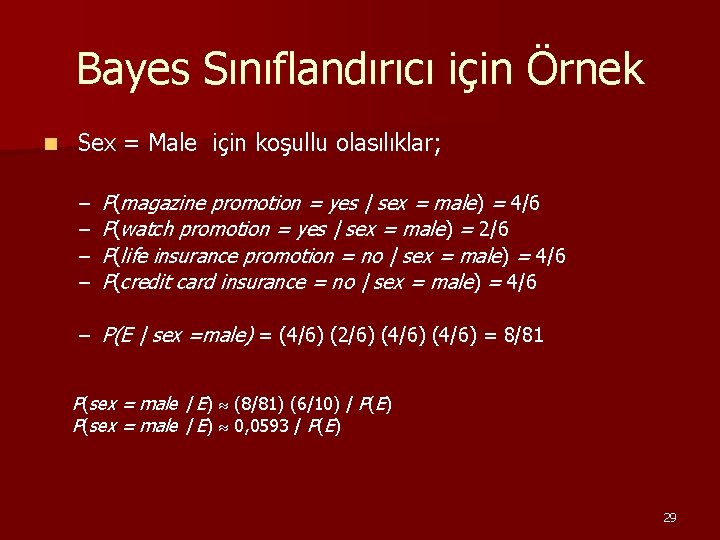 Bayes Sınıflandırıcı için Örnek n Sex = Male için koşullu olasılıklar; – – P(magazine