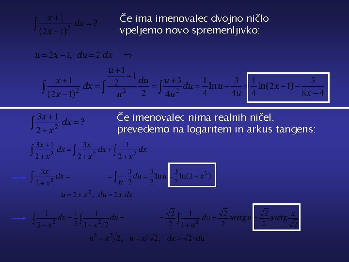 Če ima imenovalec dvojno ničlo vpeljemo novo spremenljivko: Če imenovalec nima realnih ničel, prevedemo