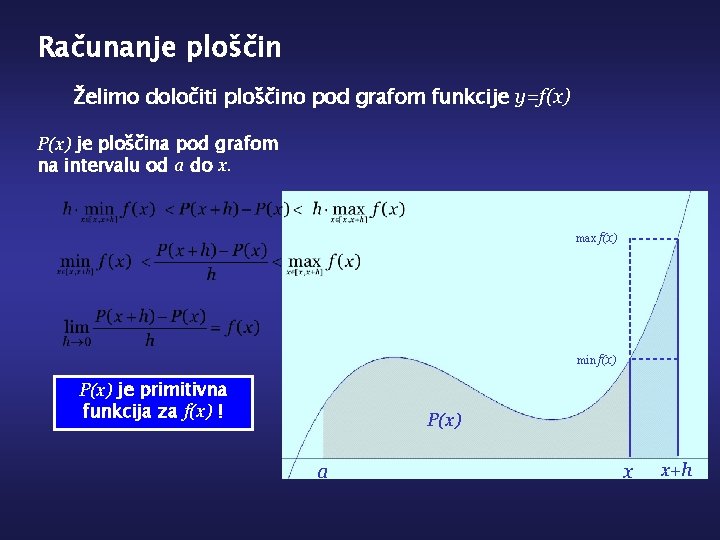 Računanje ploščin Želimo določiti ploščino pod grafom funkcije y=f(x) P(x) je ploščina pod grafom